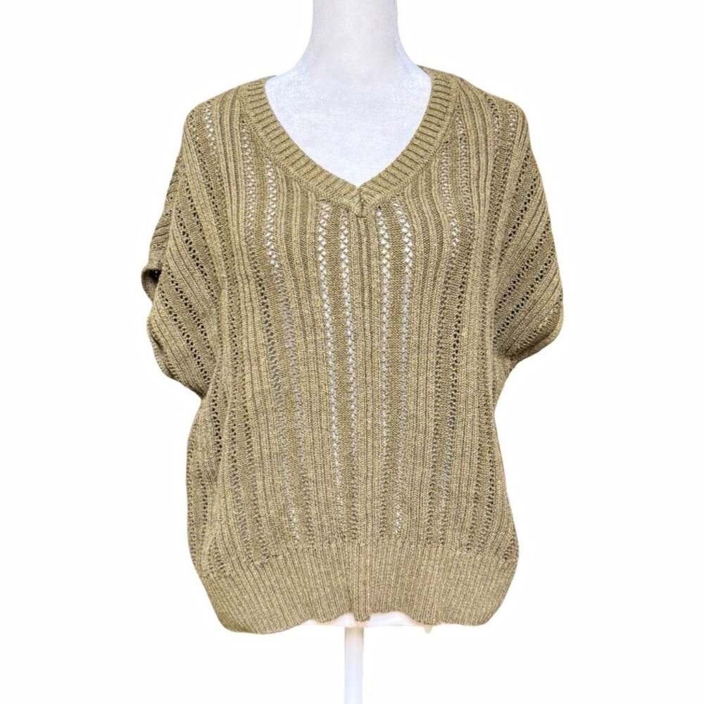 Joie Beige Open-Knit V-Neck Lightweight Short Sleeve Pullover Sweater Womens M